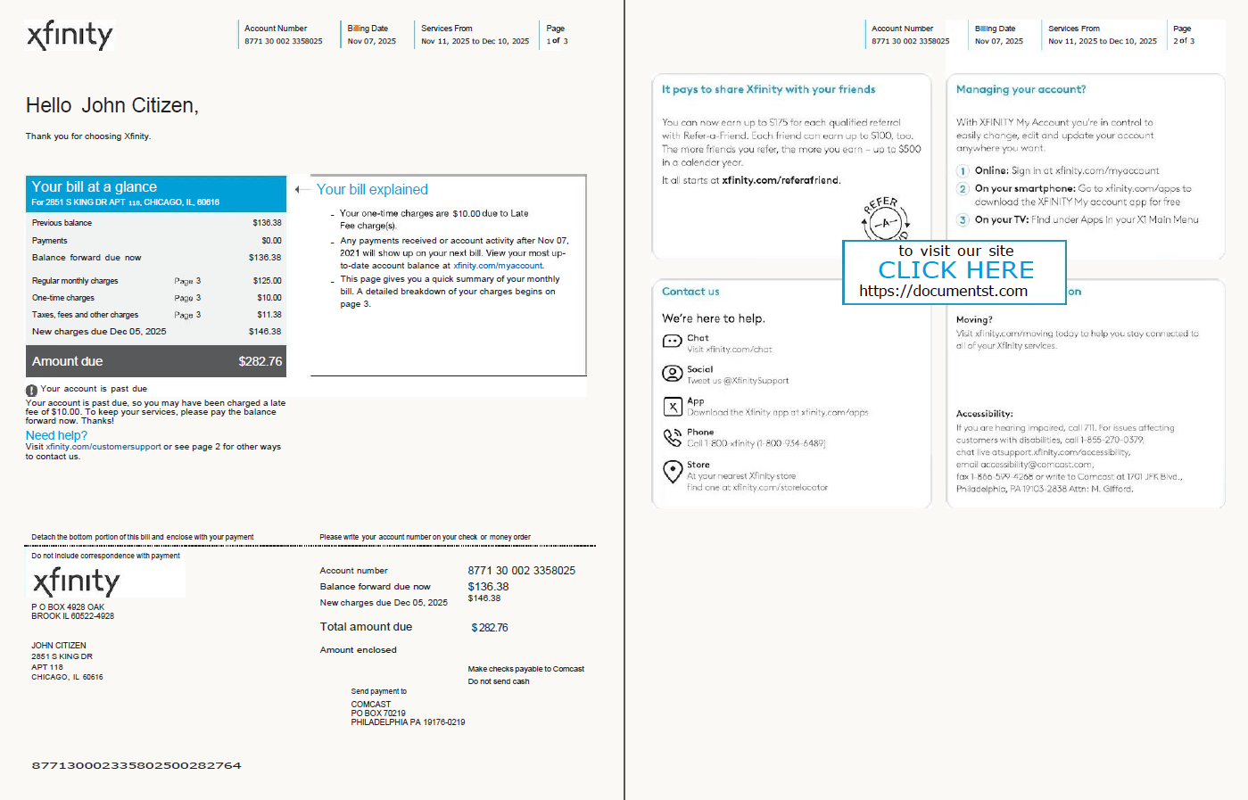 USA Xfinity utility bill template in Word and PDF formats, 3 pages, version 2, 1 2 pages
